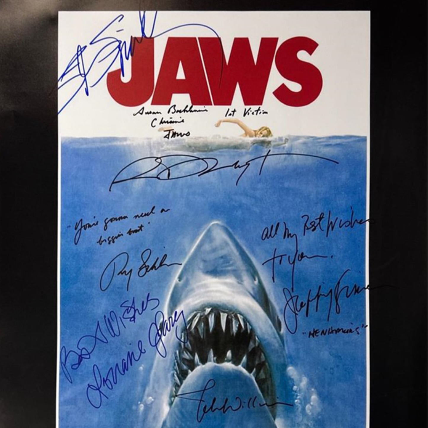 Signed Poster Jaws 1975 - Roy Scheider, Richard Dreyfuss, Lorraine Gary, Susan Backlinie, Jeffrey Kramer, John Williams and Steven Spielberg