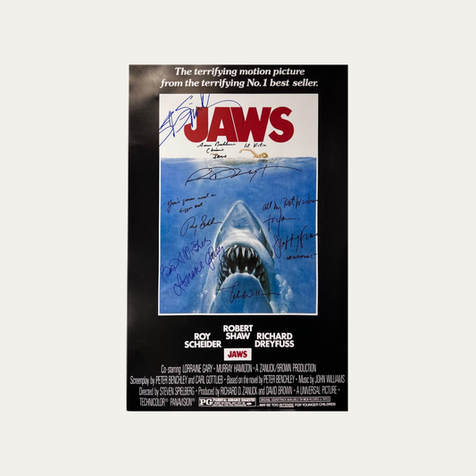 Signed Poster Jaws 1975 - Roy Scheider, Richard Dreyfuss, Lorraine Gary, Susan Backlinie, Jeffrey Kramer, John Williams and Steven Spielberg