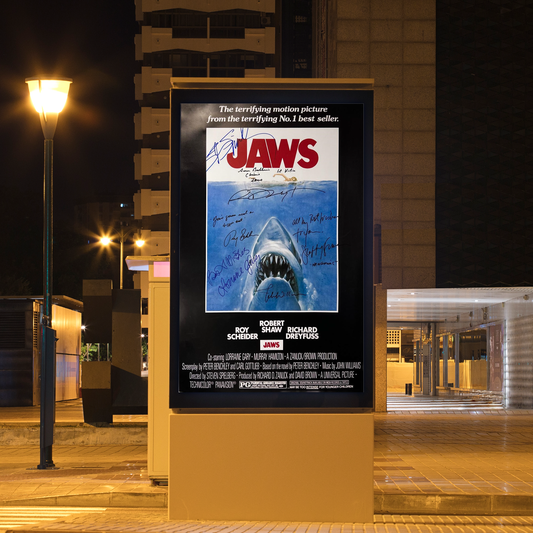 Signed Poster Jaws 1975 - Roy Scheider, Richard Dreyfuss, Lorraine Gary, Susan Backlinie, Jeffrey Kramer, John Williams and Steven Spielberg