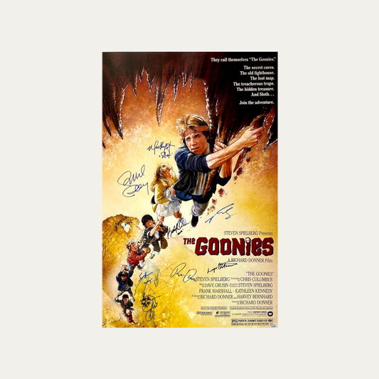 Signed Poster The Goonies 1985 - Sean Astin, Josh Brolin, Jeff Cohen, Corey Feldman, Martha Plimpton, Ke Huy Quan, Kerri Green