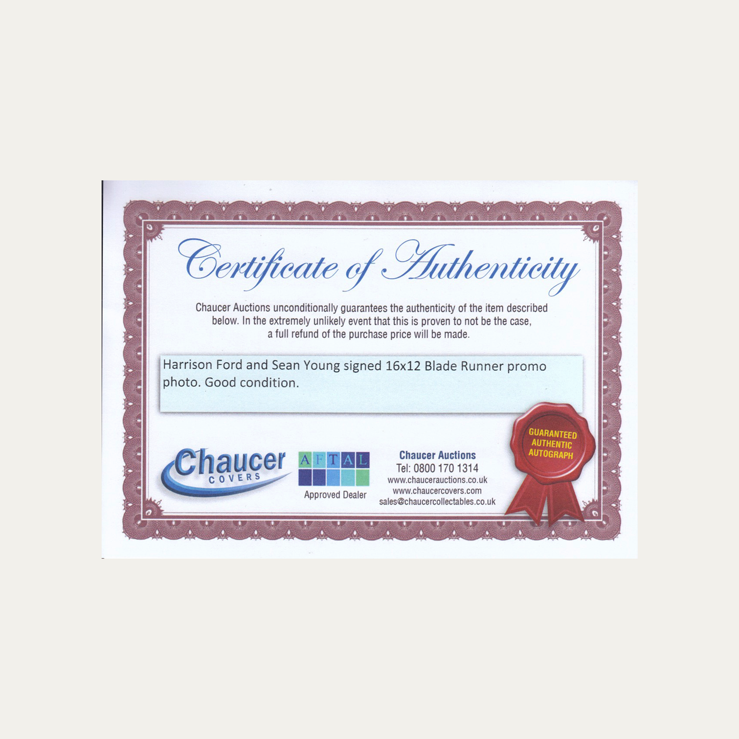 Lote 52: Póster firmado de Blade Runner (1982) - Harrison Ford, Sean Young