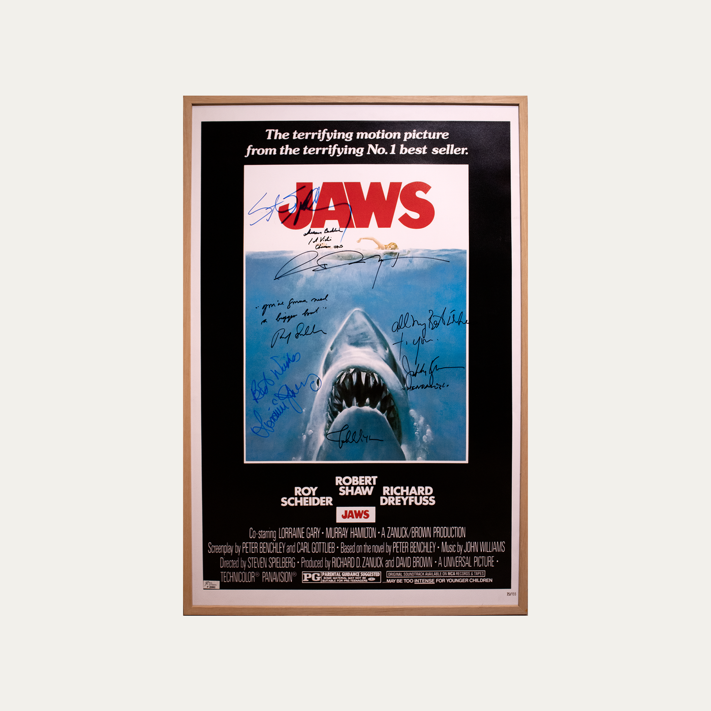 Lot 65: Signed Poster Jaws 1975 - Roy Scheider, Richard Dreyfuss, Lorraine Gary, Susan Backlinie, Jeffrey Kramer, John Williams and Steven Spielberg