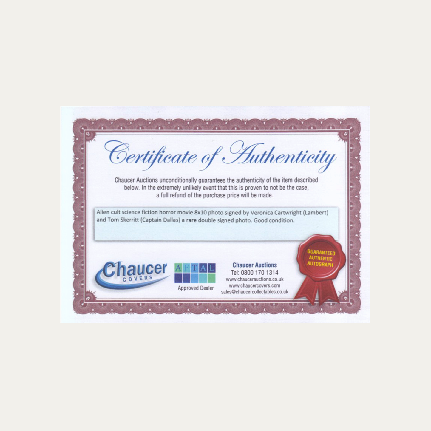 Lote 26: Fotografía firmada de Alien: El octavo pasajero (1979) - Veronica Cartwright, Tom Skerrit