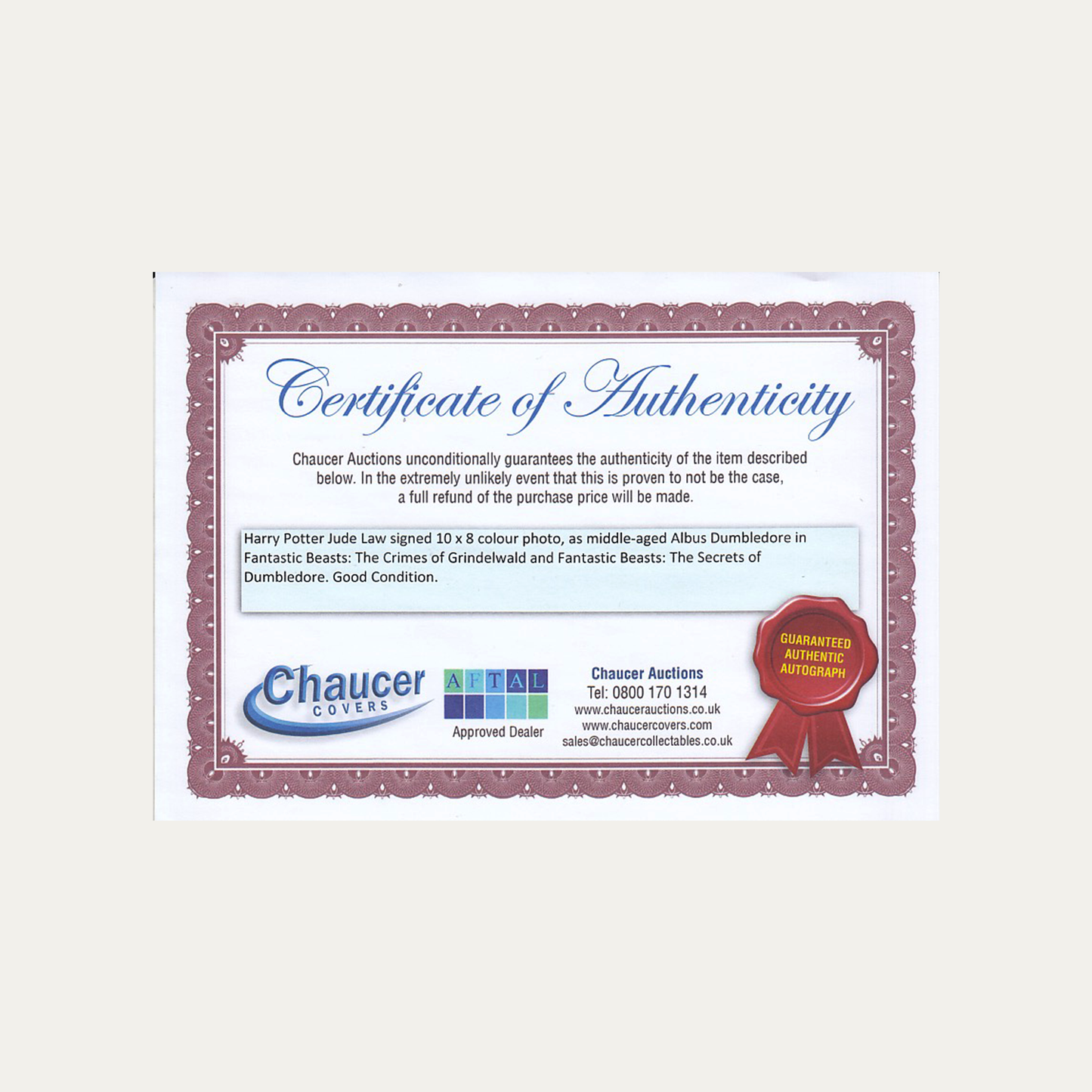 Lote 45: Fotografía firmada de Animales Fantásticos: Los Crímenes de Grindelwald (2018) - Jude Law